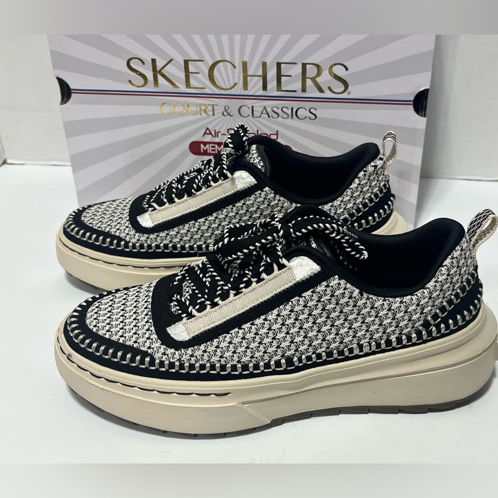 Skechers Women's Cordova Saw Day Off Lace Sneakers Black & White 185240 Sz 8 1/2